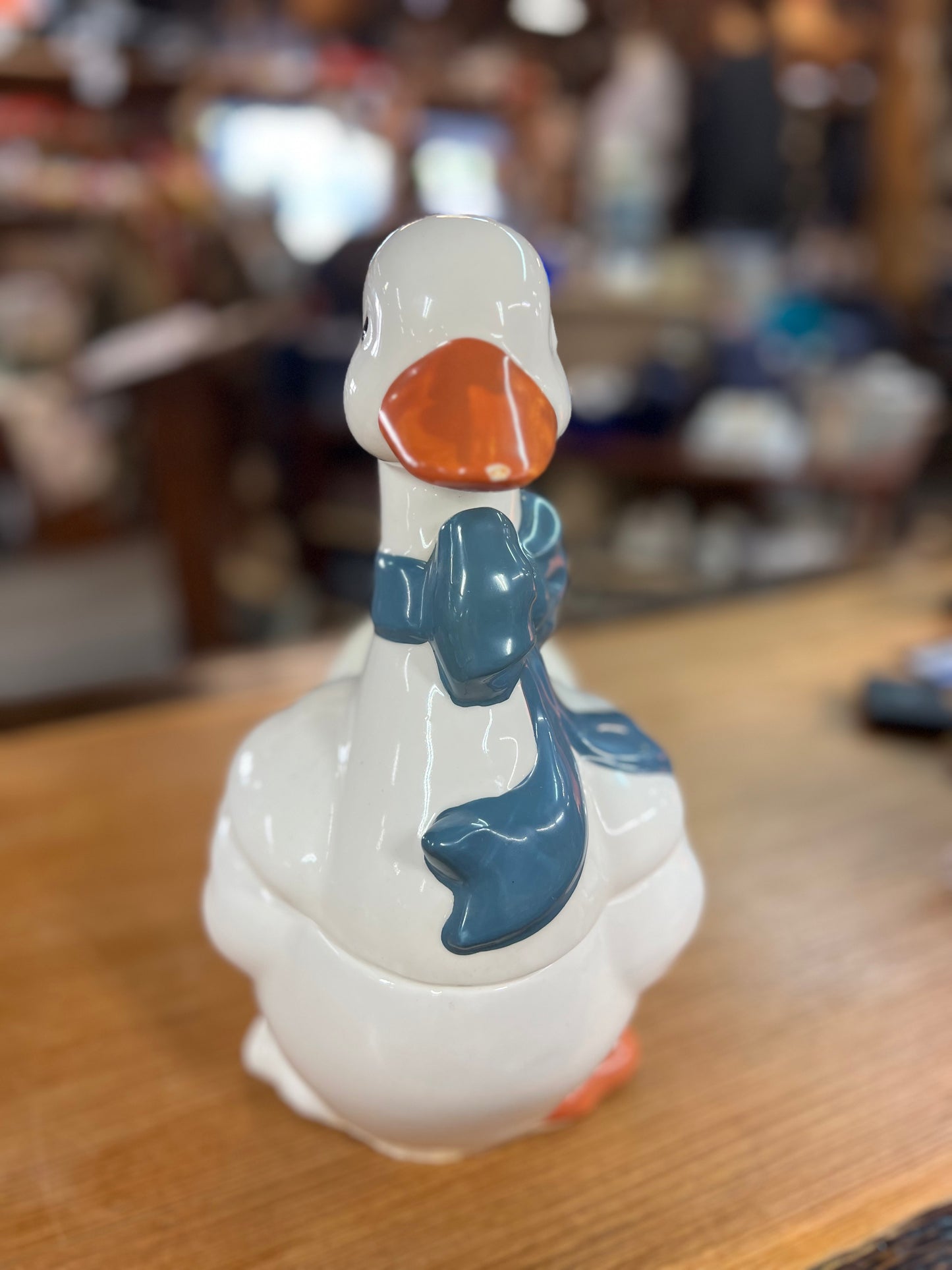 Vintage Goose Ceramic Cookie Jar with Blue Bow