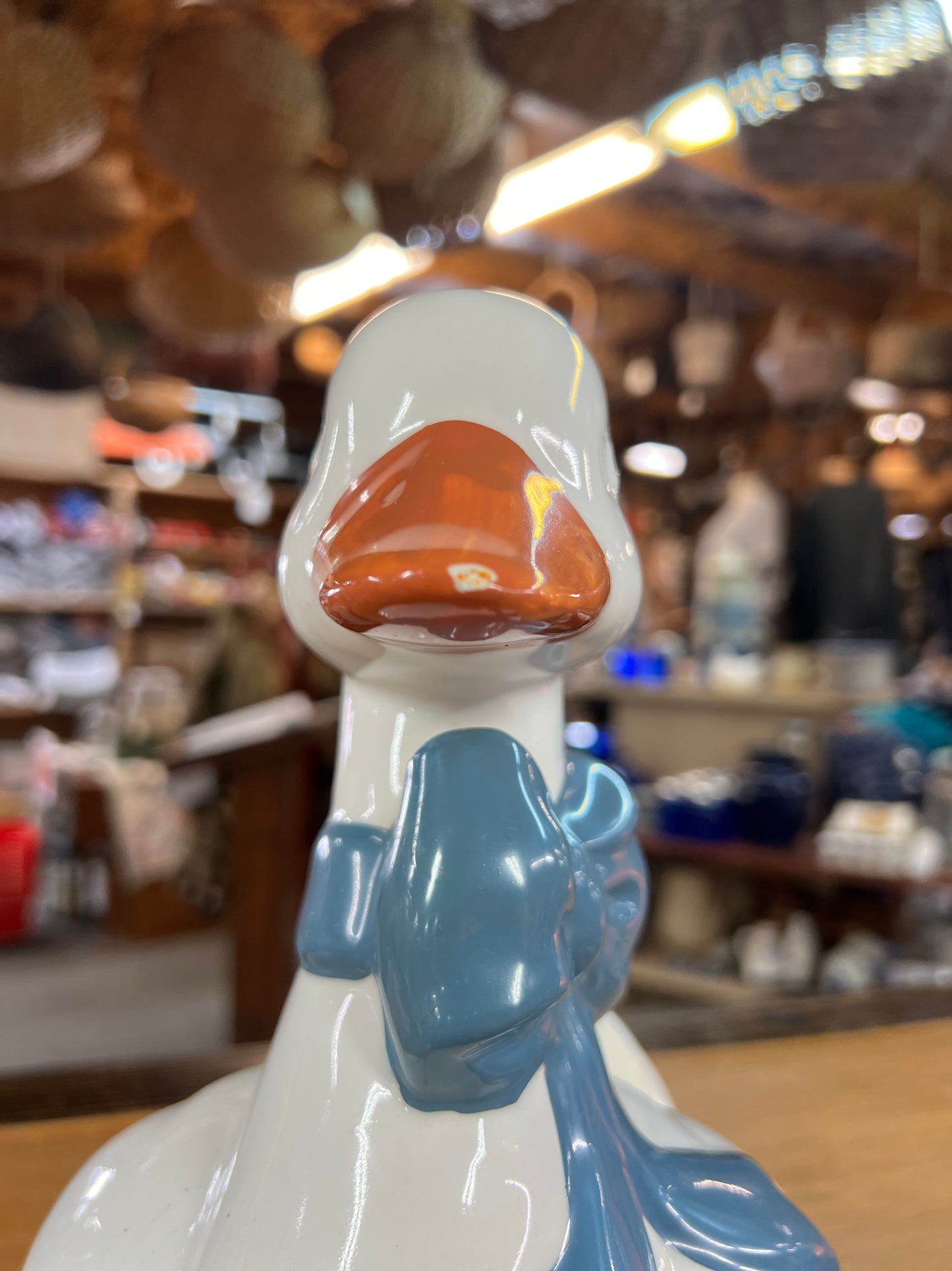Vintage Goose Ceramic Cookie Jar with Blue Bow
