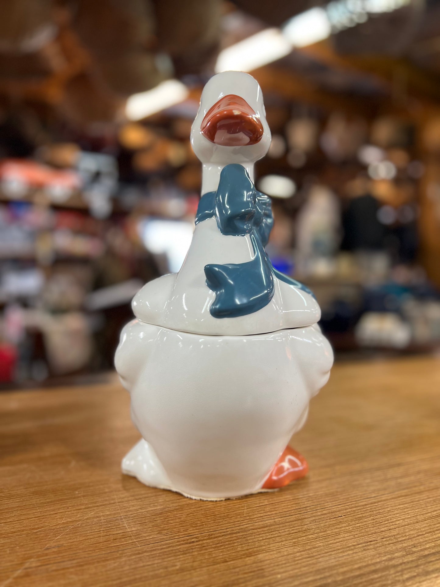 Vintage Goose Ceramic Cookie Jar with Blue Bow