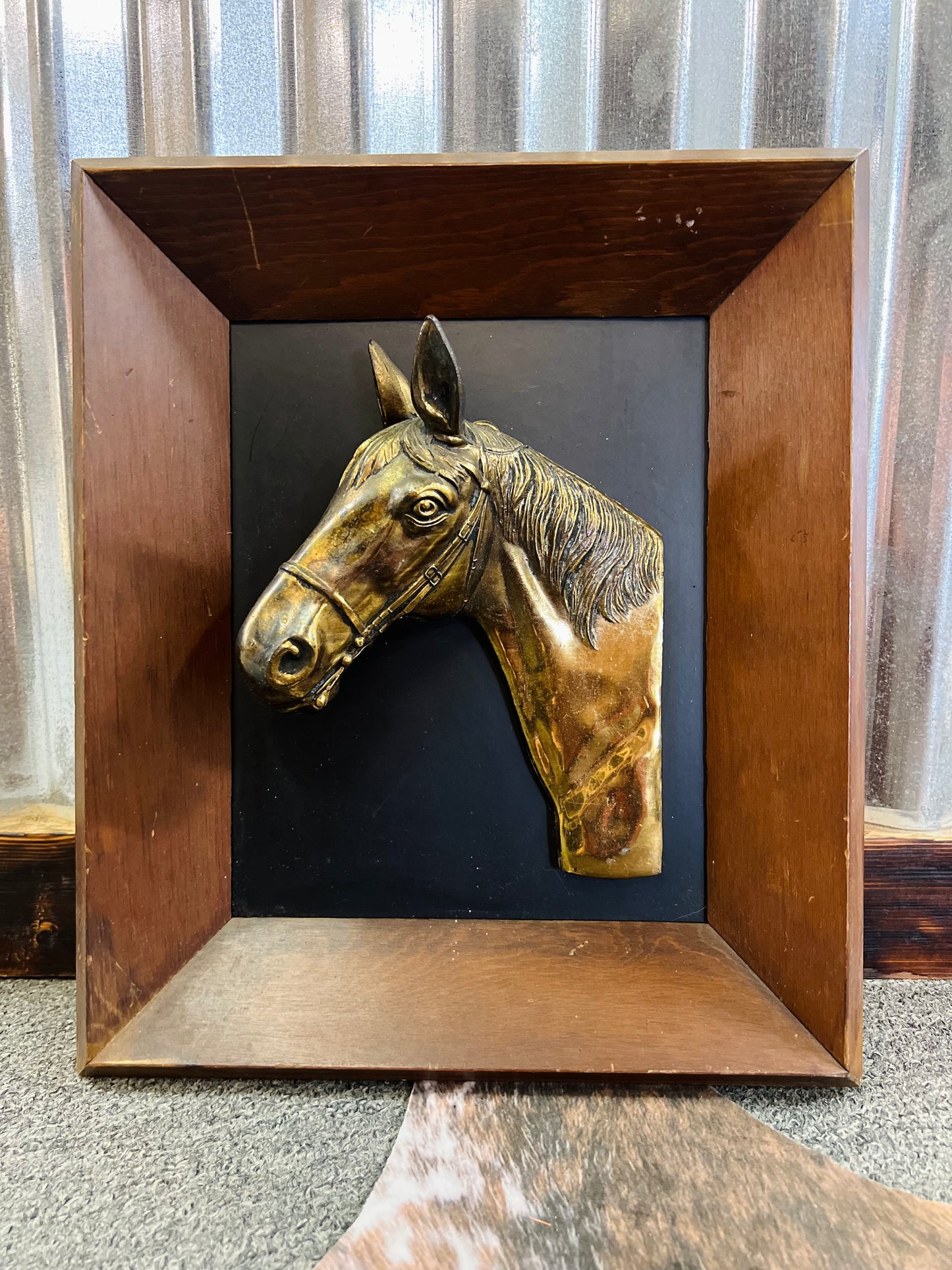 Vintage Wood Framed Brass Horse 3D Head