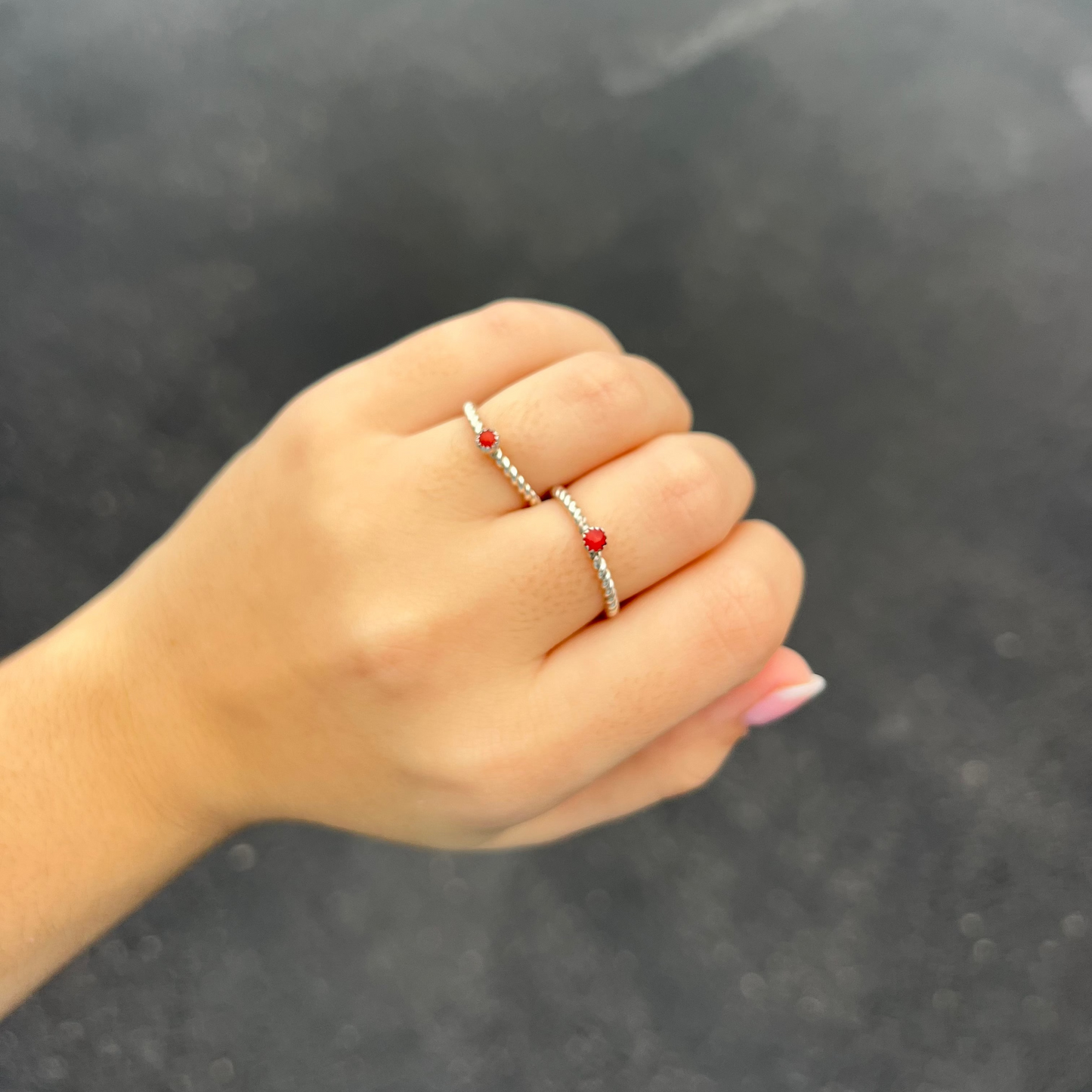 Genuine Coral Mini Stud Twisted Sterling Silver Ring