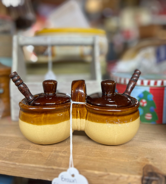 Brown Stoneware Double Condiment Container with Lids and two spoons