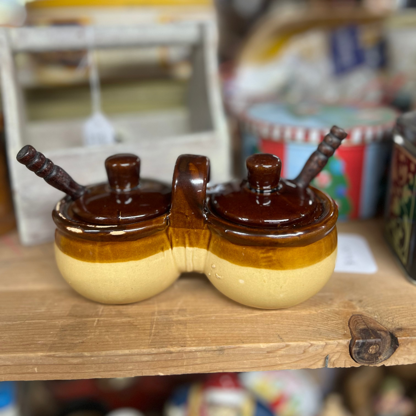 Brown Stoneware Double Condiment Container with Lids and two spoons