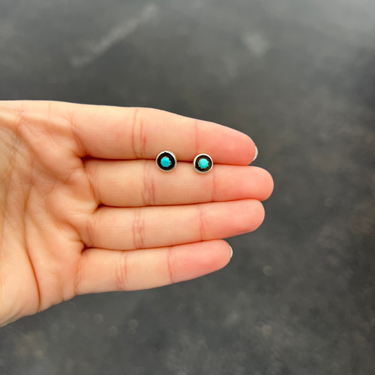 Zuni Genuine Coral or Turquoise Round Sterling Silver Studs