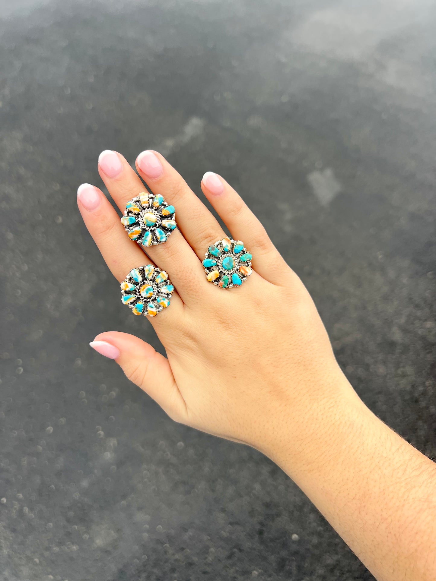 Genuine Turquoise / Orange Spiny Oyster Cluster Sterling Silver Ring