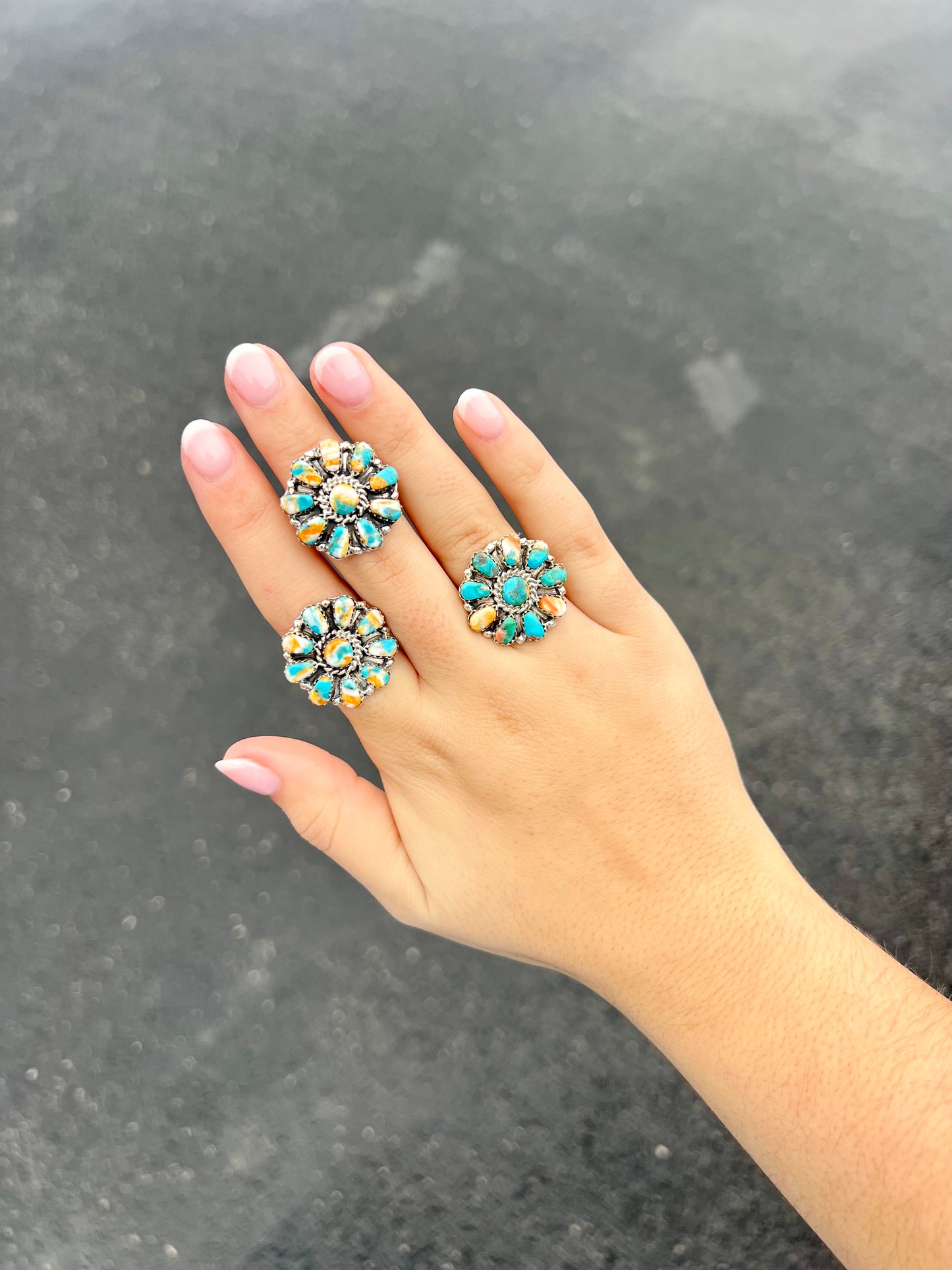Genuine Turquoise / Orange Spiny Oyster Cluster Sterling Silver Ring