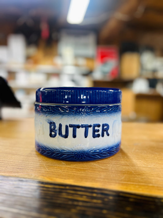 Salt Glaze Stoneware Butter Crock with Lid Blue and white