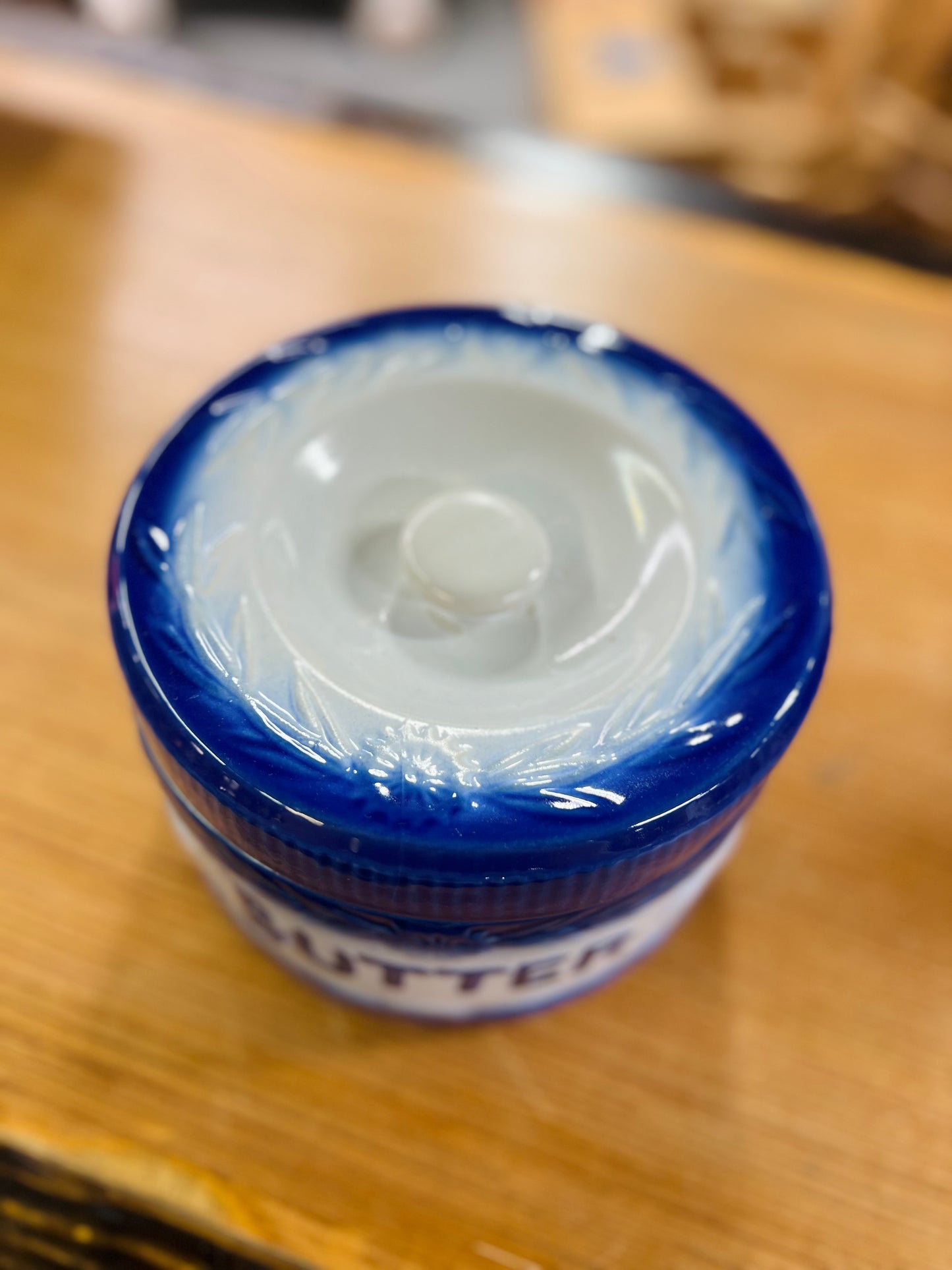 Salt Glaze Stoneware Butter Crock with Lid Blue and white