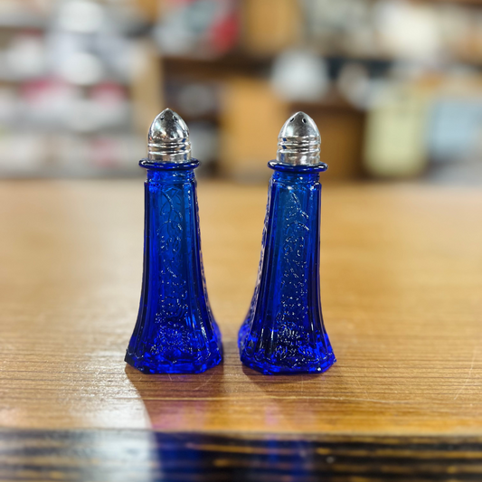 Vintage Cobalt Blue Depression Glass Salt and Pepper Shakers with Metal Tops