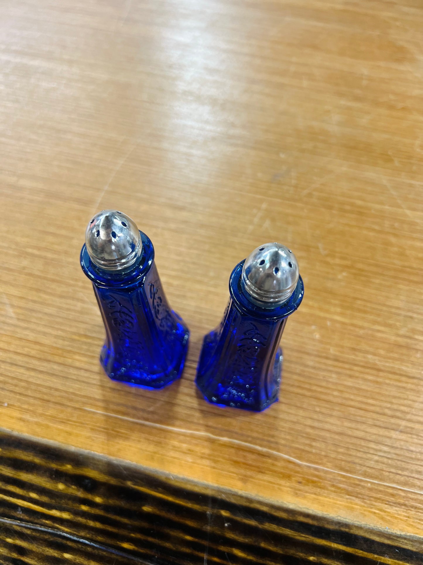 Vintage Cobalt Blue Depression Glass Salt and Pepper Shakers with Metal Tops
