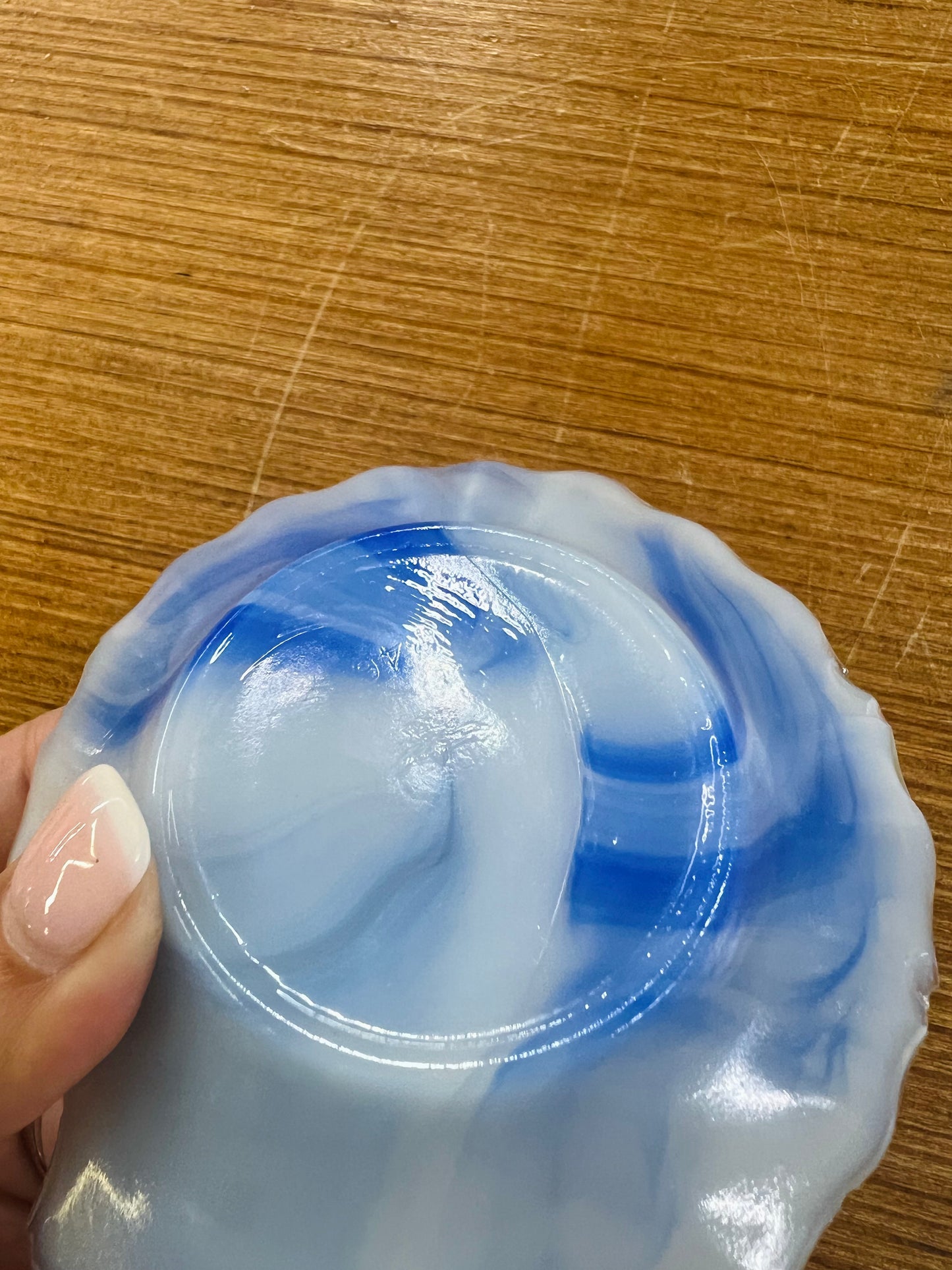 Vintage Akro Agate Company Slag Glass Blue and White Swirl Shell Trinket Dish