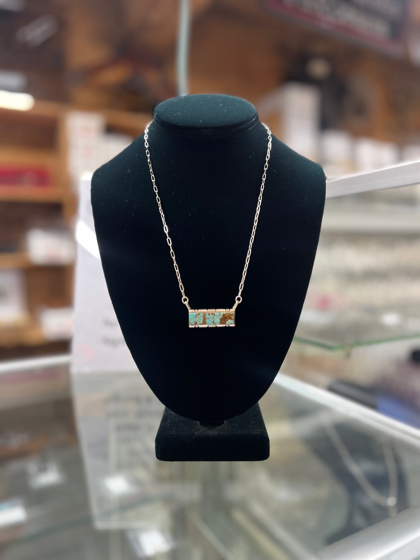Number 8 Mine Turquoise Inlay Sterling Silver Bar Necklace