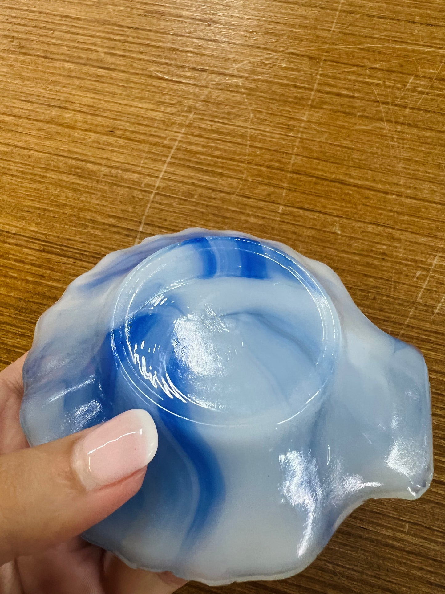 Vintage Akro Agate Company Slag Glass Blue and White Swirl Shell Trinket Dish