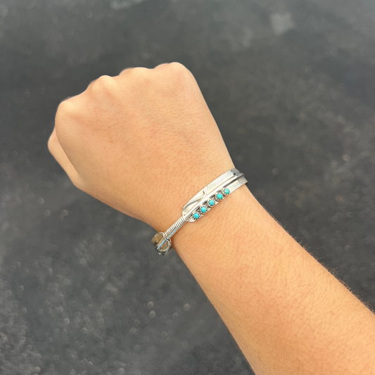 5 Stone Kingman Turquoise Sterling Silver Feather Cuff Bracelet