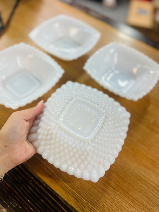 Vintage Anchor Hocking Early American Milk Glass Diamond Hobnail Square Bowl