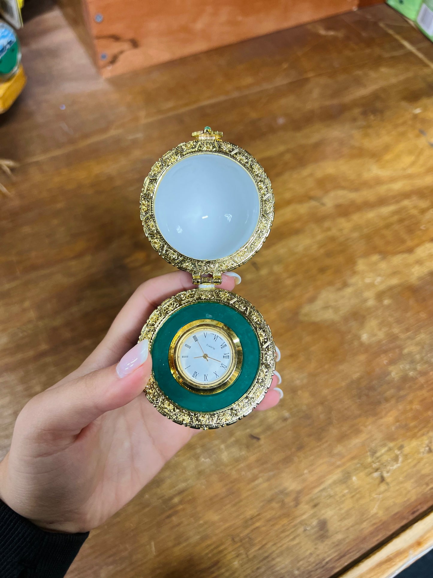 Vintage Avon Porcelain Emerald Green Clock Egg - Rare!