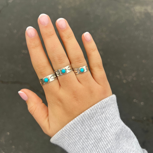 Turquoise Round Ring with Stamped Band