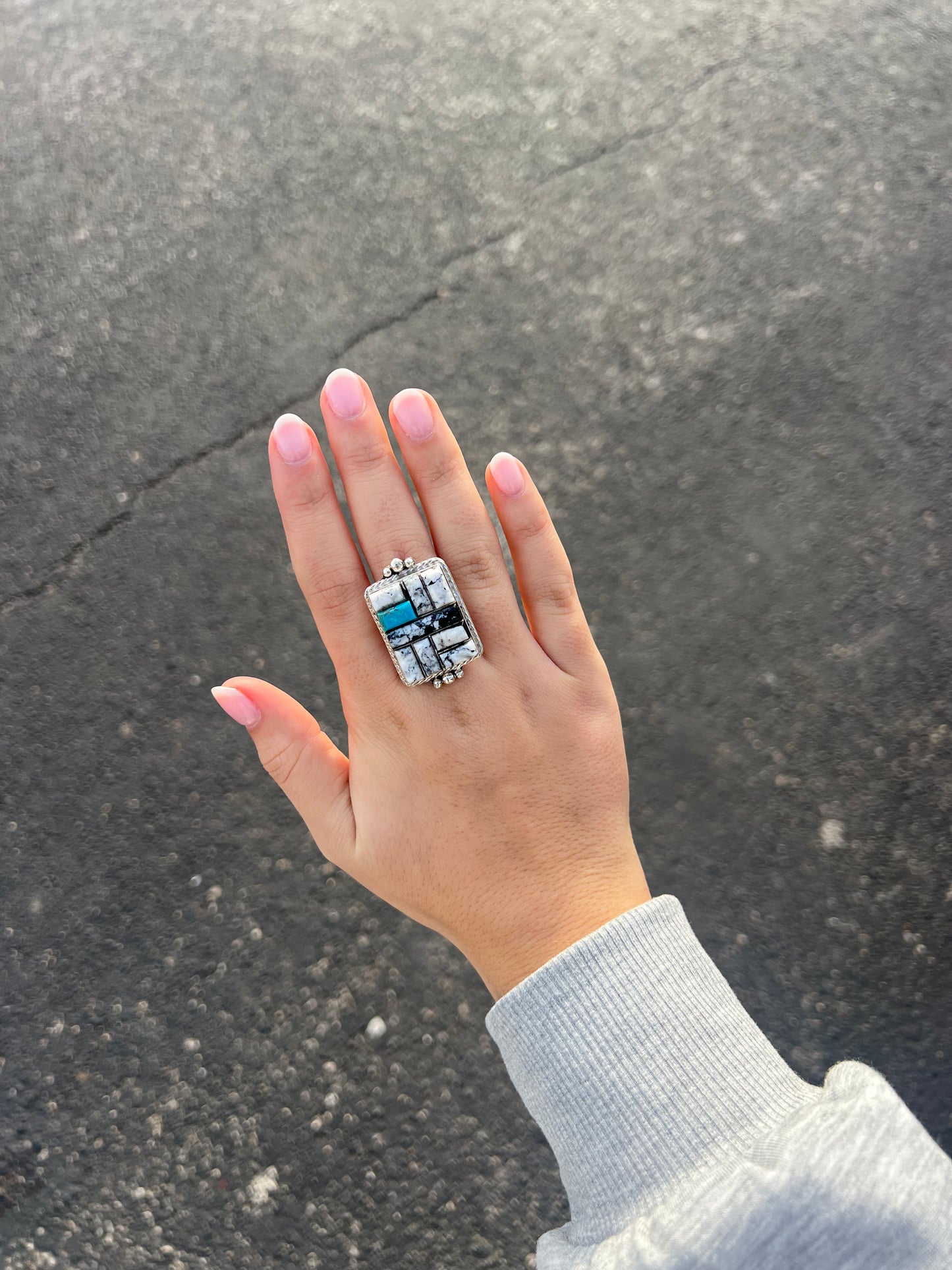 White Buffalo and Turquoise Inlay Statement Ring