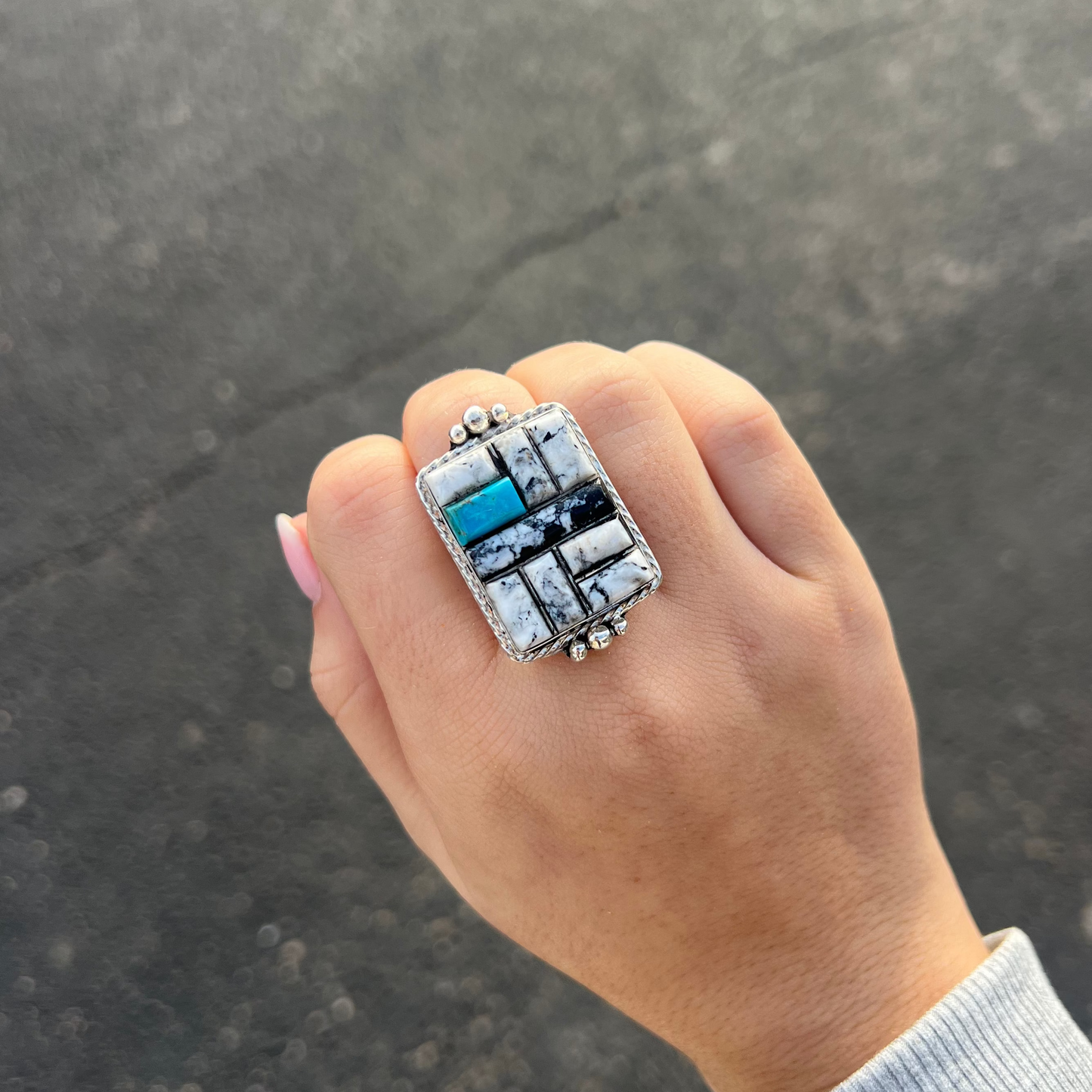 White Buffalo and Turquoise Inlay Statement Ring
