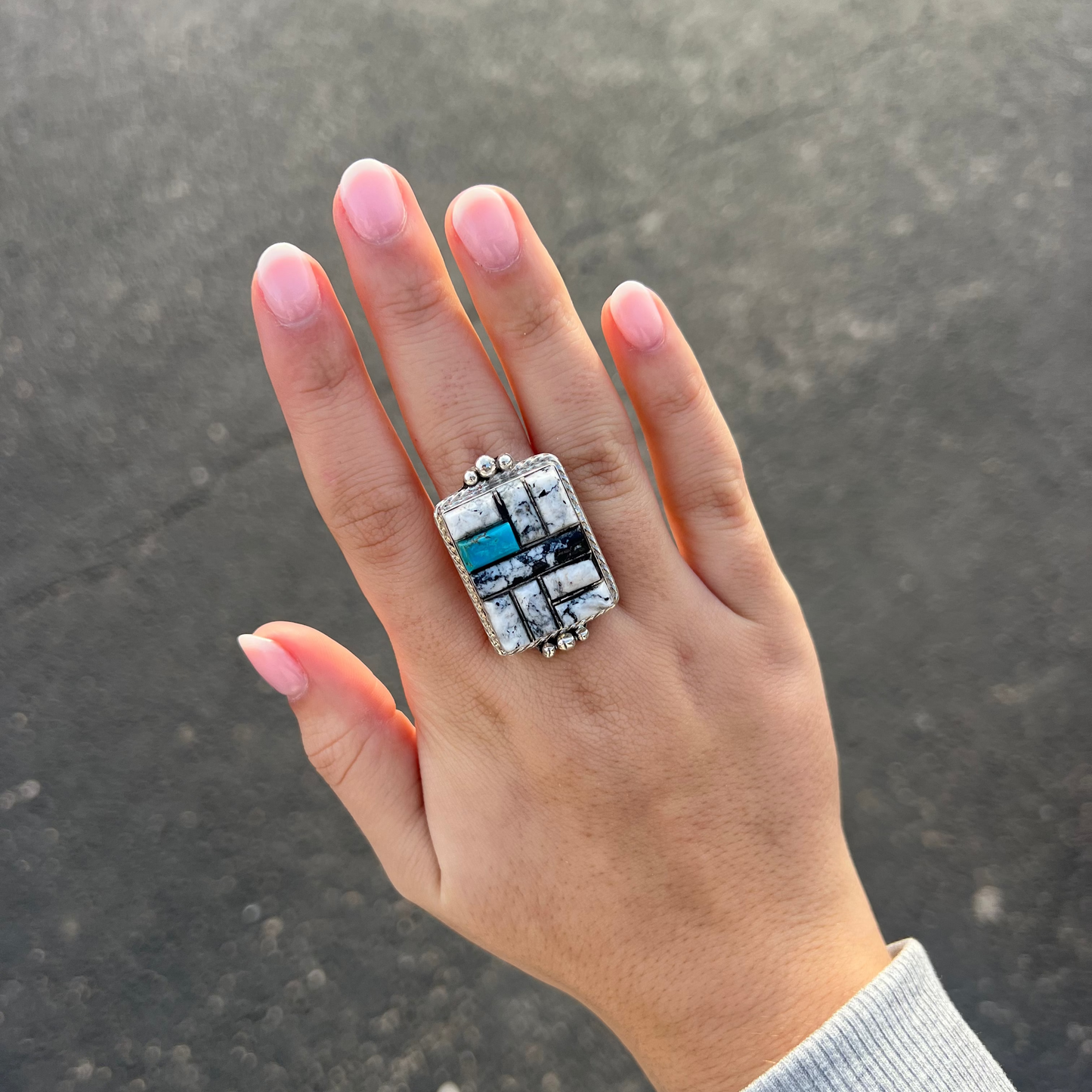 White Buffalo and Turquoise Inlay Statement Ring
