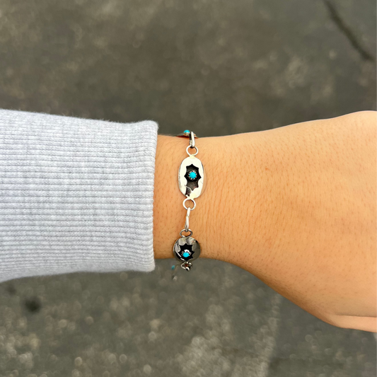 Genuine Turquoise and Sterling Silver Aztec Shadowbox Link Bracelet