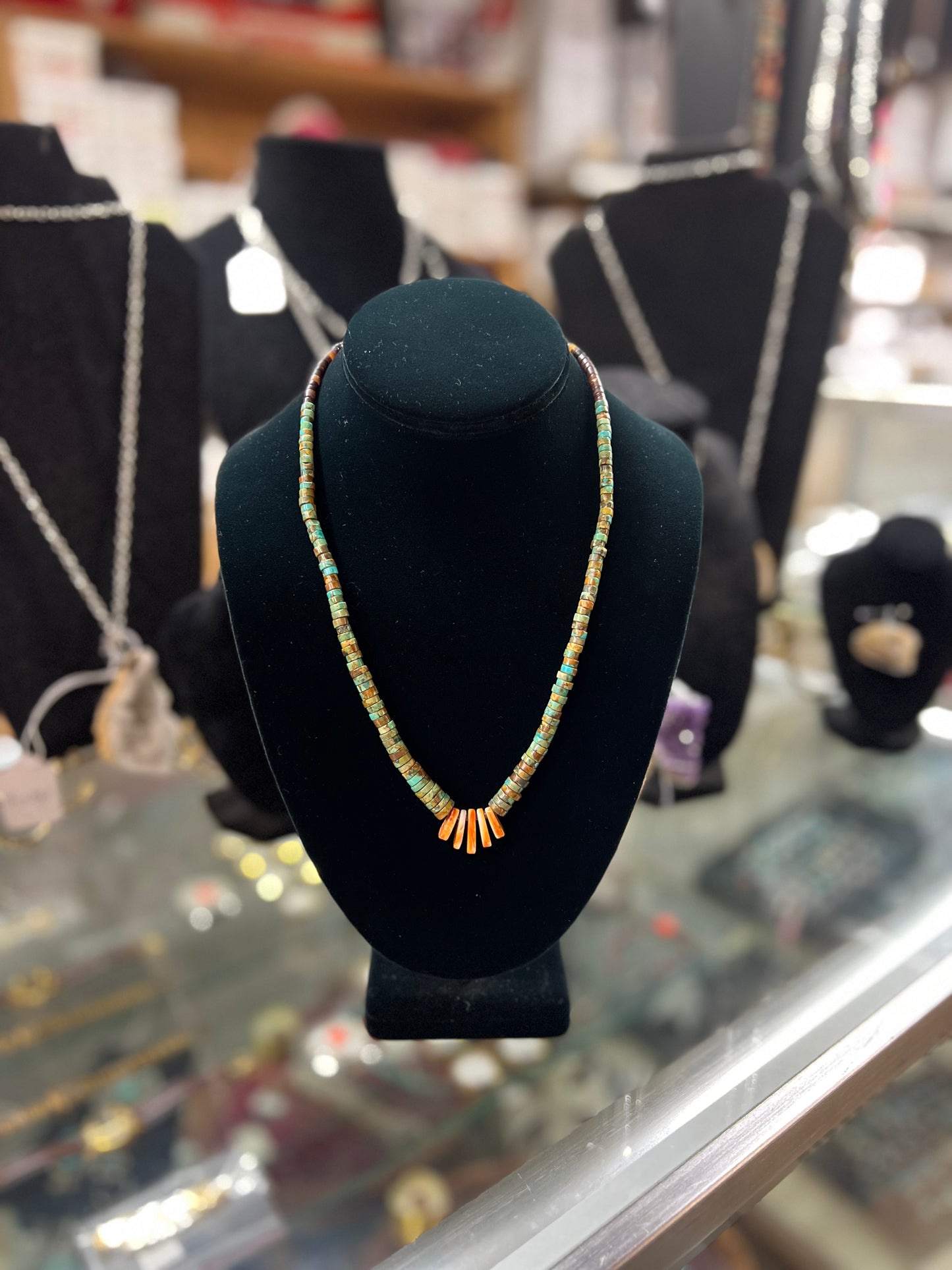 Genuine Graduating Nevada Turquoise, Heishi, and Orange Spiny Oyster Necklace