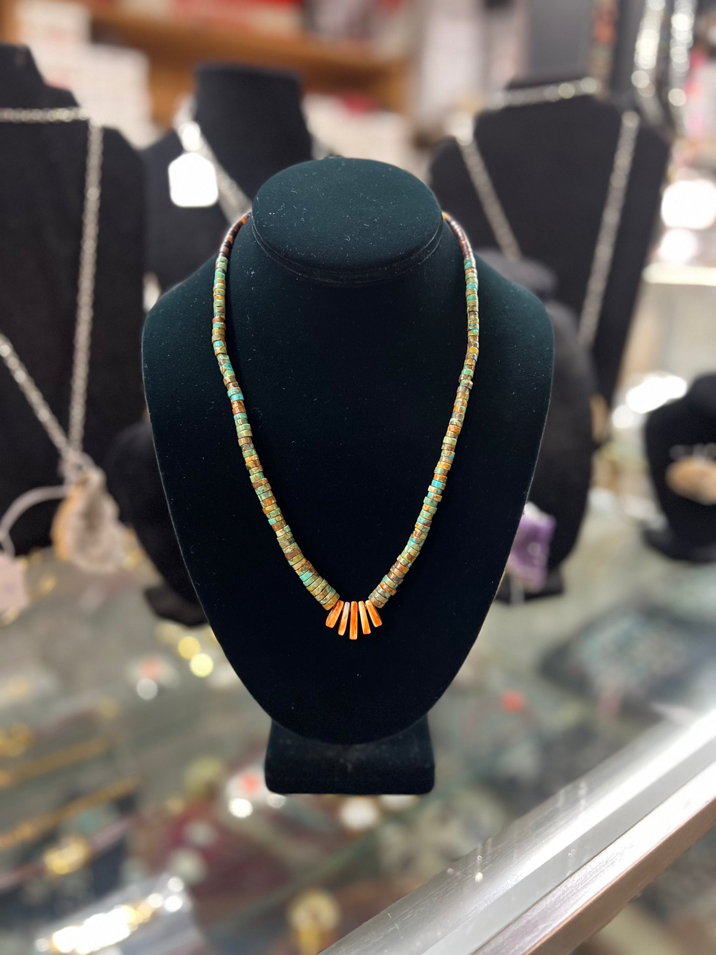 Genuine Graduating Nevada Turquoise, Heishi, and Orange Spiny Oyster Necklace