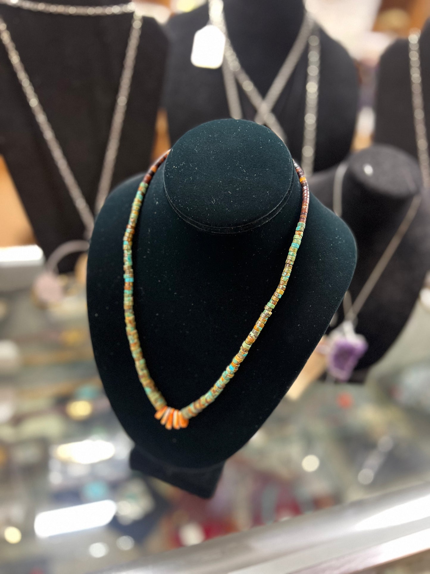 Genuine Graduating Nevada Turquoise, Heishi, and Orange Spiny Oyster Necklace