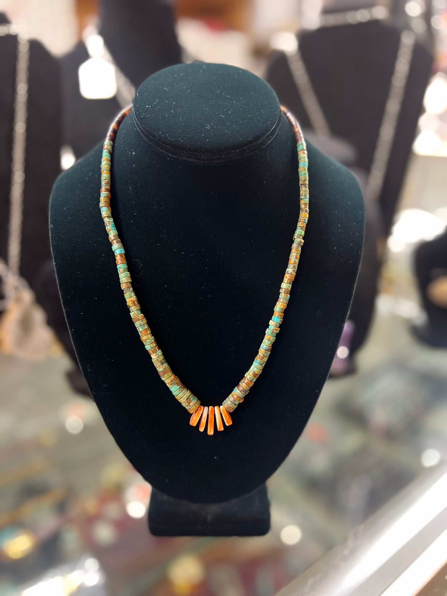 Genuine Graduating Nevada Turquoise, Heishi, and Orange Spiny Oyster Necklace