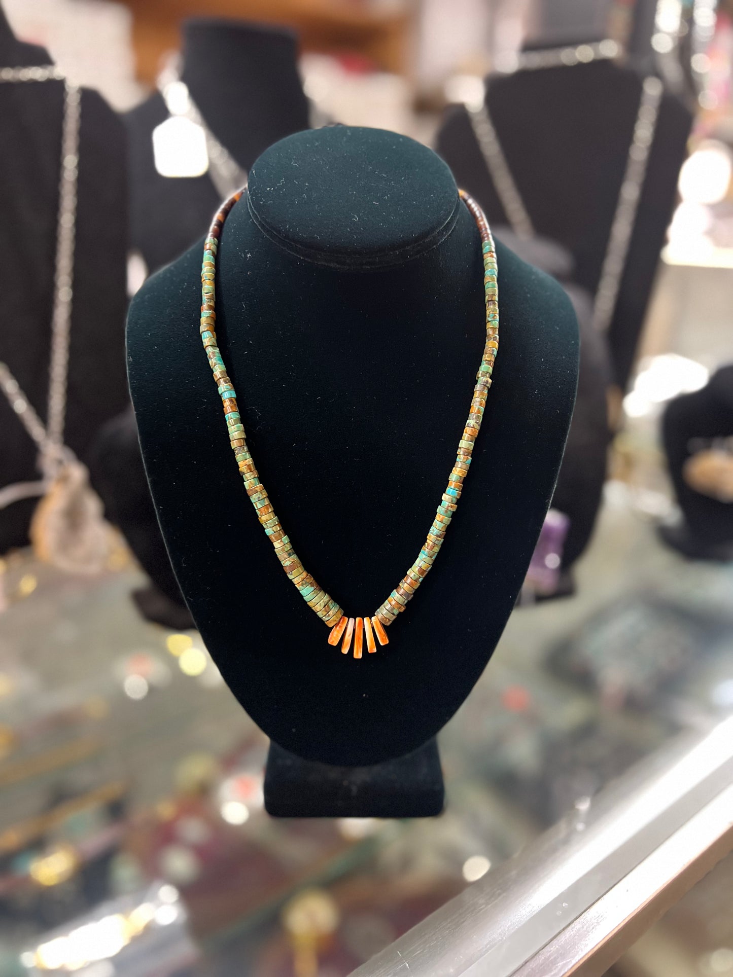 Genuine Graduating Nevada Turquoise, Heishi, and Orange Spiny Oyster Necklace