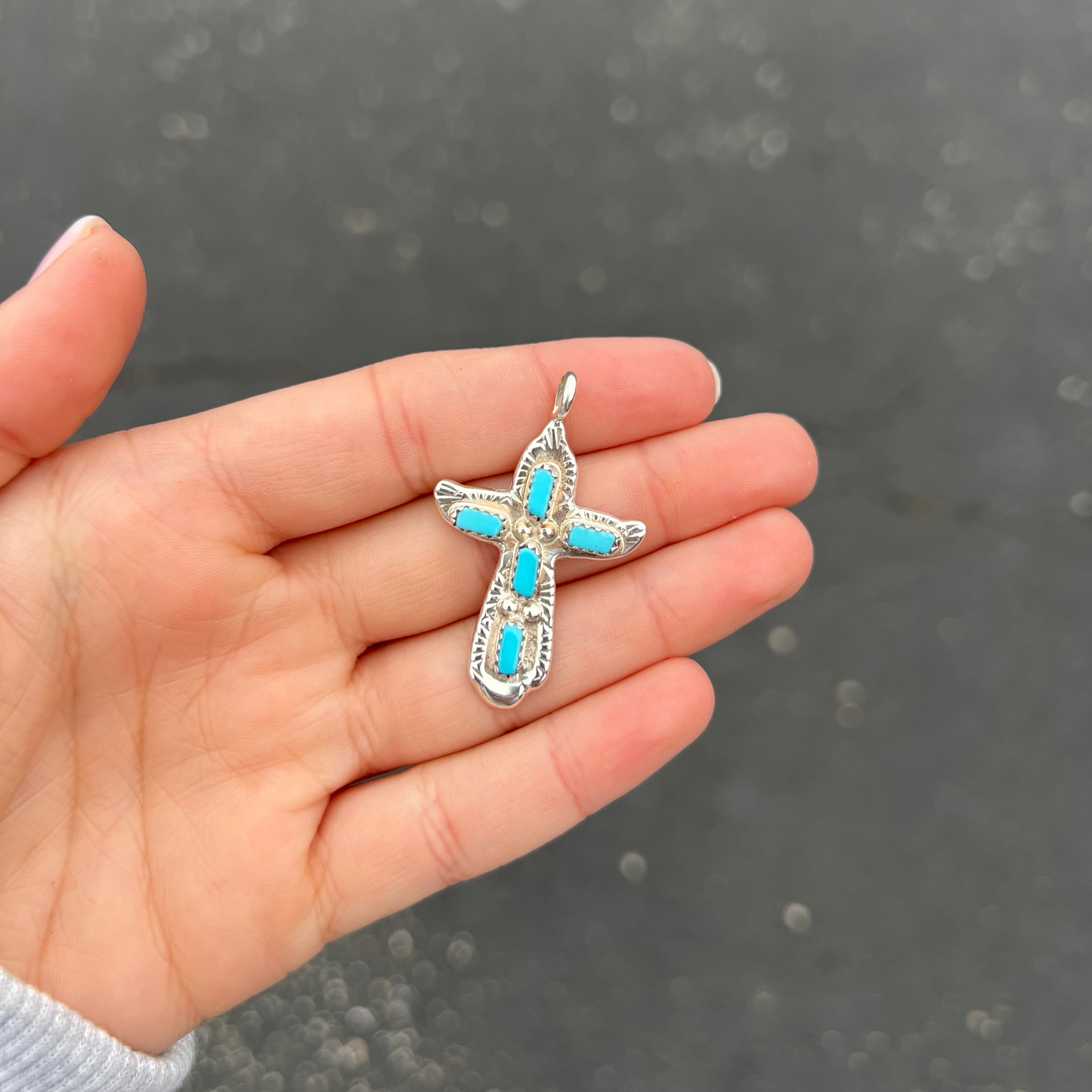 Genuine Turquoise 5 Stone Sterling Silver Cross Pendant