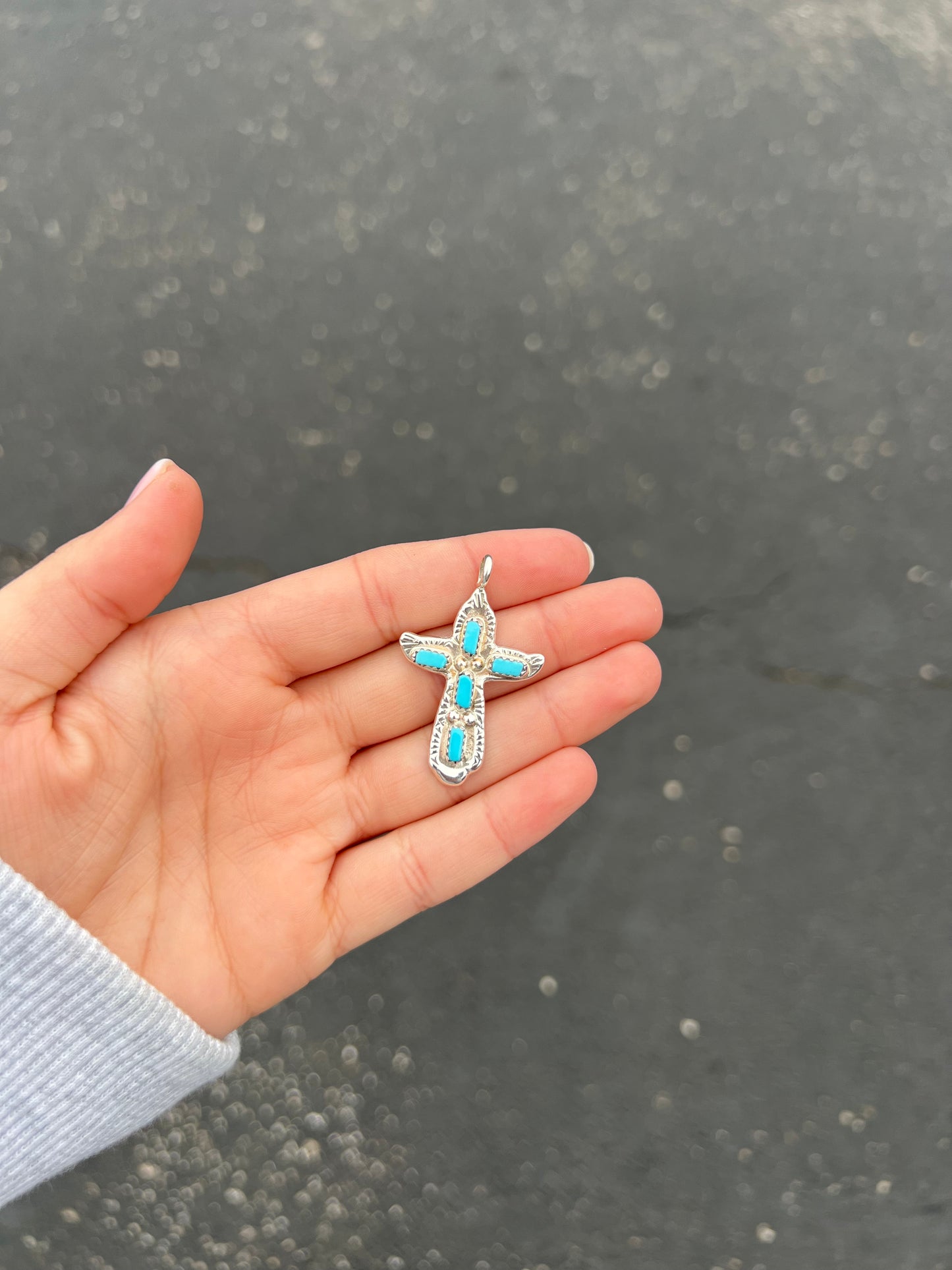 Genuine Turquoise 5 Stone Sterling Silver Cross Pendant