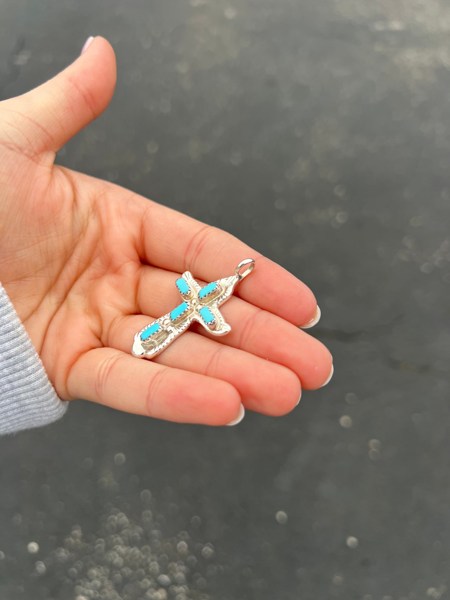 Genuine Turquoise 5 Stone Sterling Silver Cross Pendant