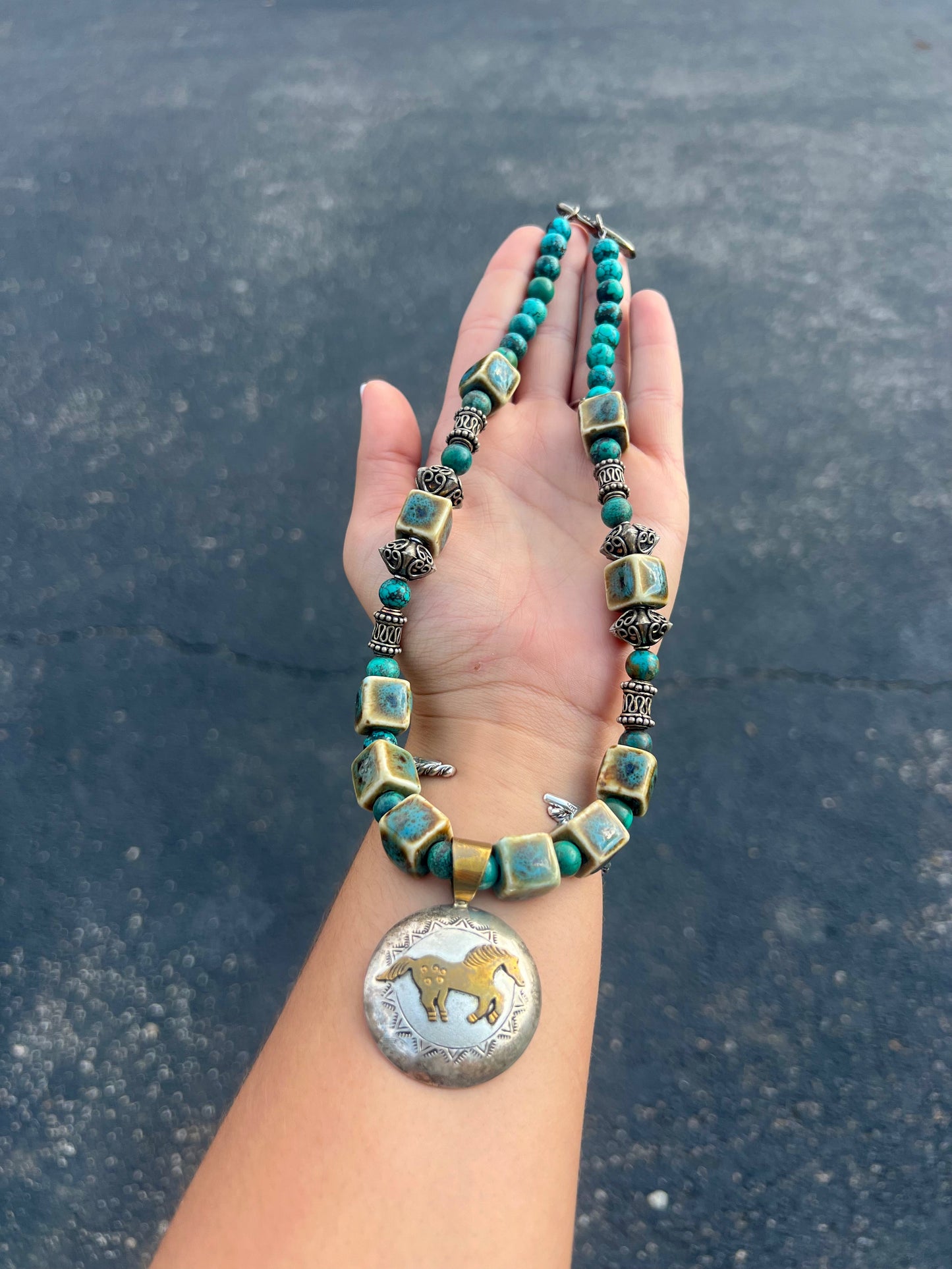 Vintage Sterling Silver Horse Turquoise Necklace