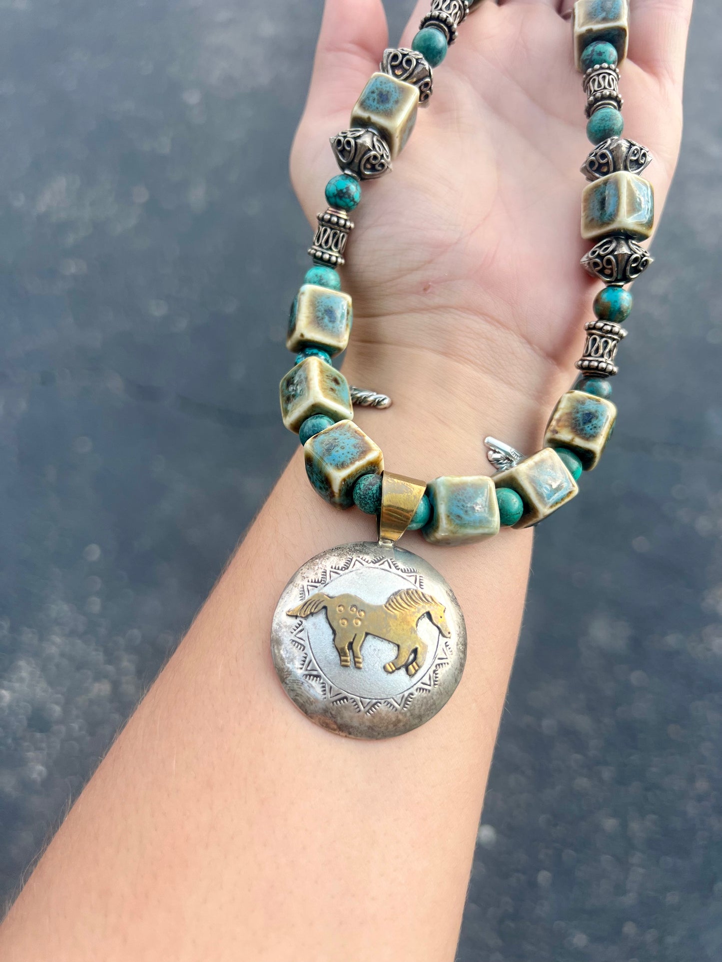 Vintage Sterling Silver Horse Turquoise Necklace