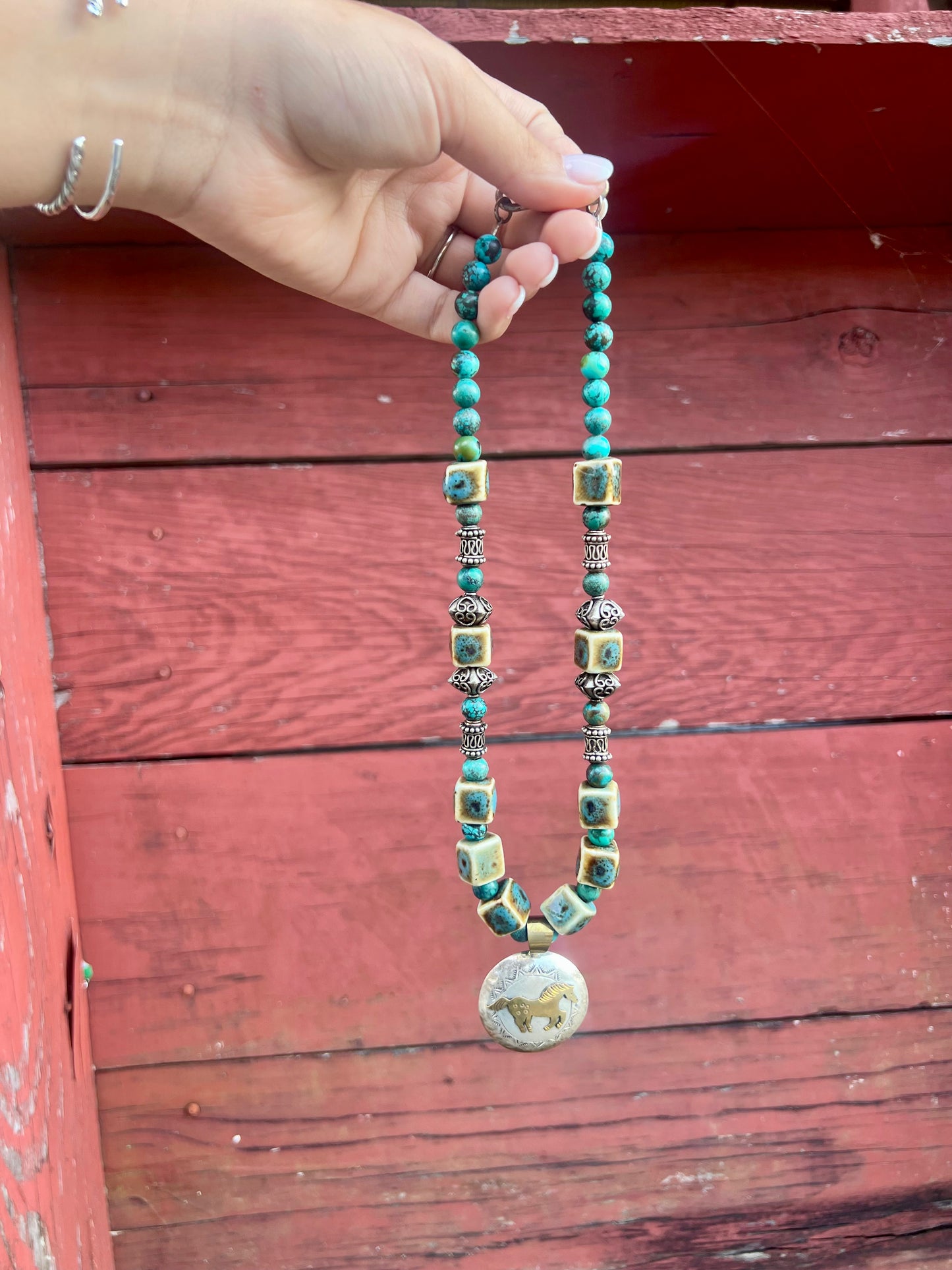 Vintage Sterling Silver Horse Turquoise Necklace