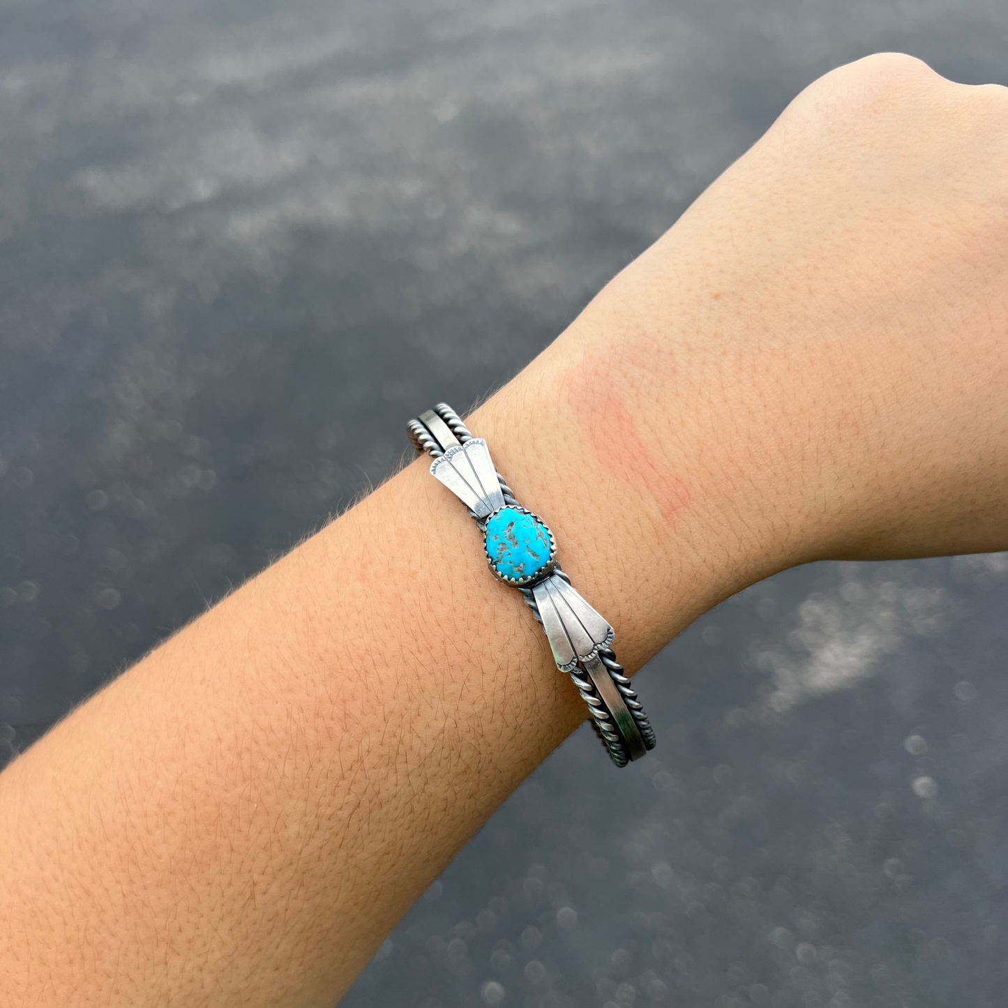 Kingman Turquoise Fan and Twist Wire Sterling Silver Cuff Bracelet