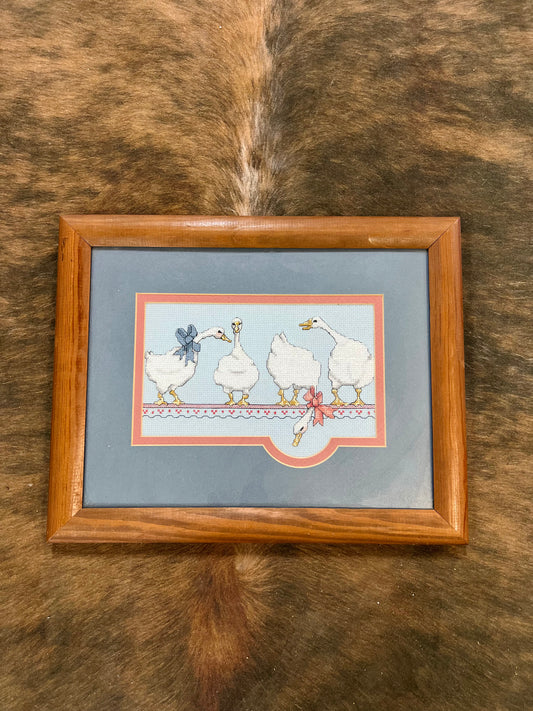 Vintage Wooden Framed 4 Geese with Bows Cross Stitch Decor Piece