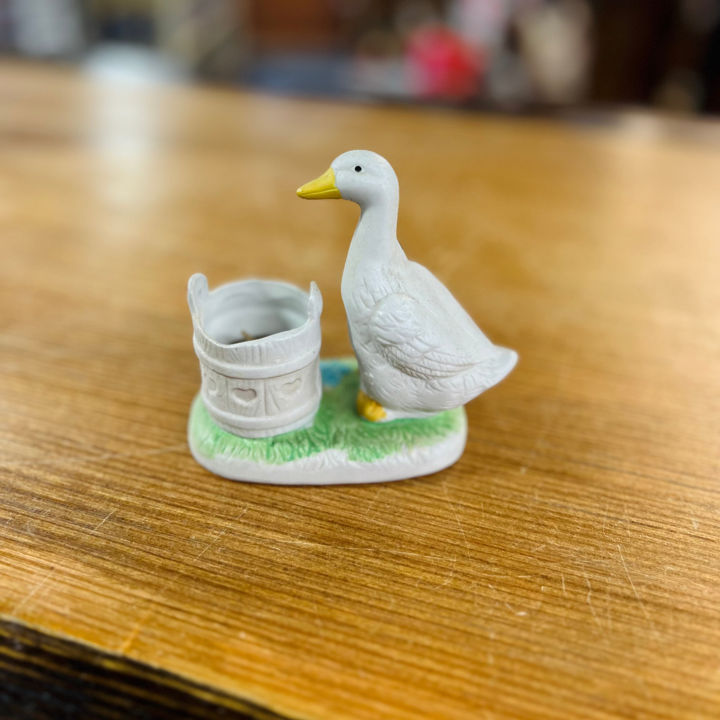 Vintage Ceramic Goose with Blue Bow and Candle Trinket