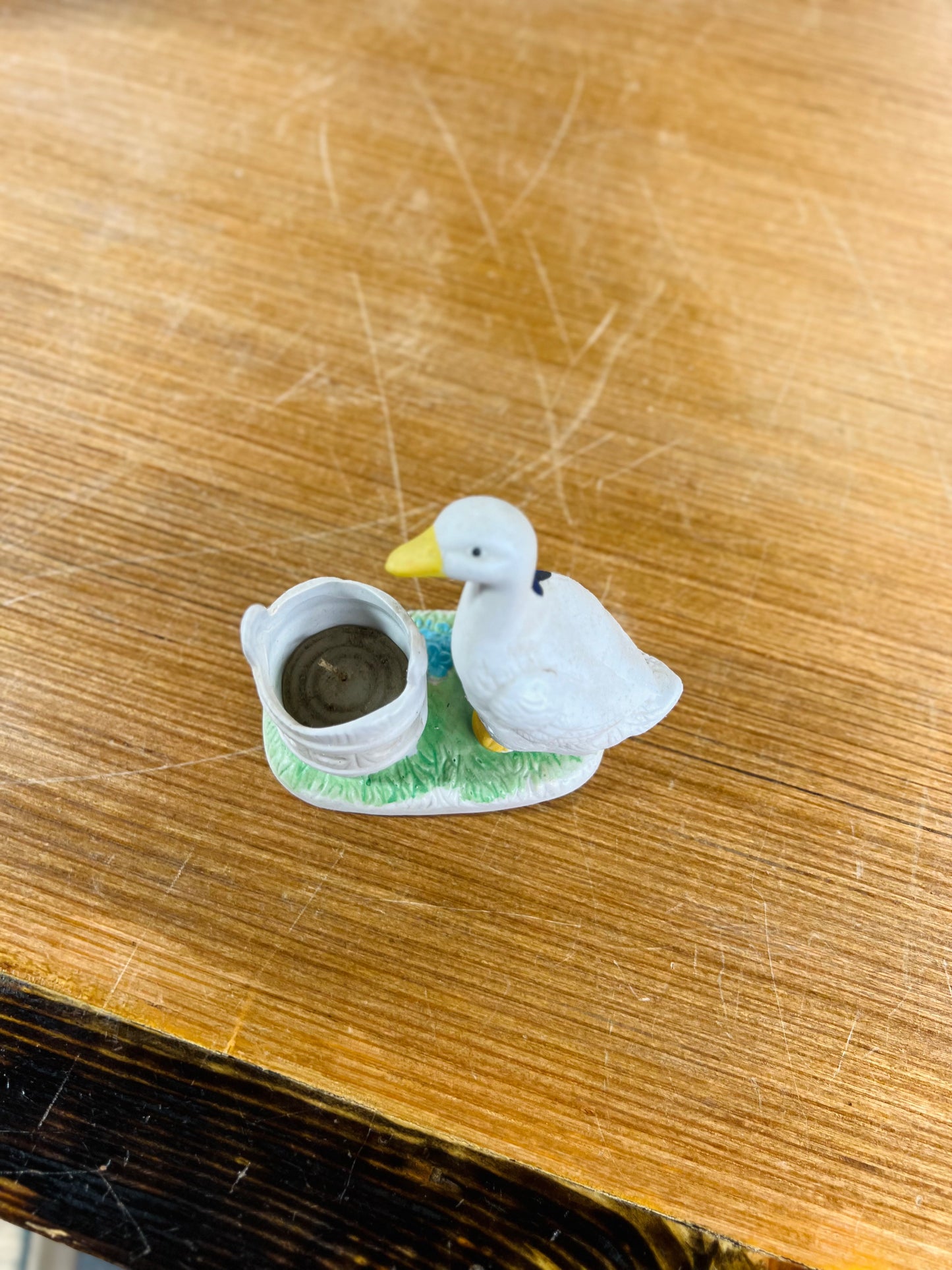 Vintage Ceramic Goose with Blue Bow and Candle Trinket