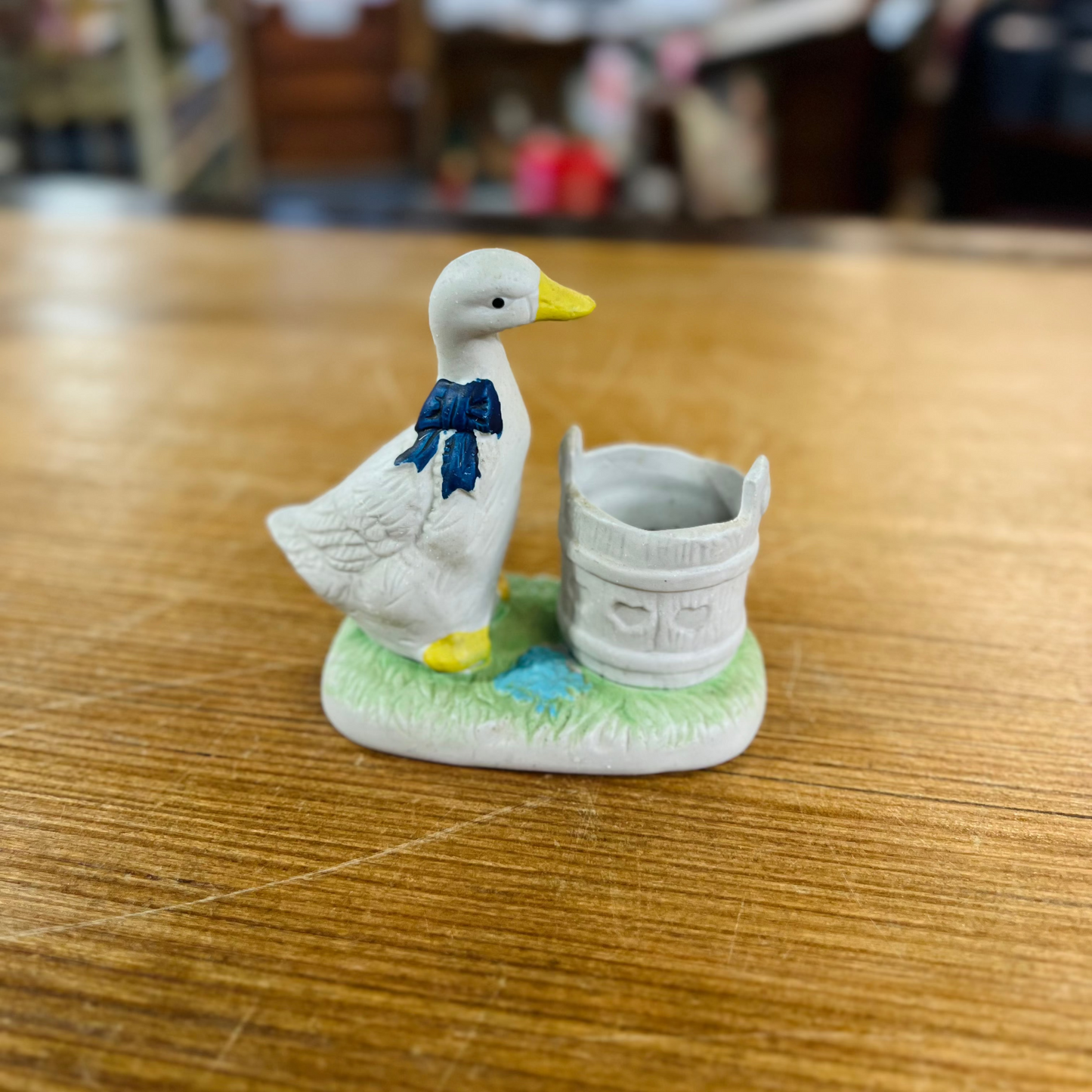 Vintage Ceramic Goose with Blue Bow and Candle Trinket