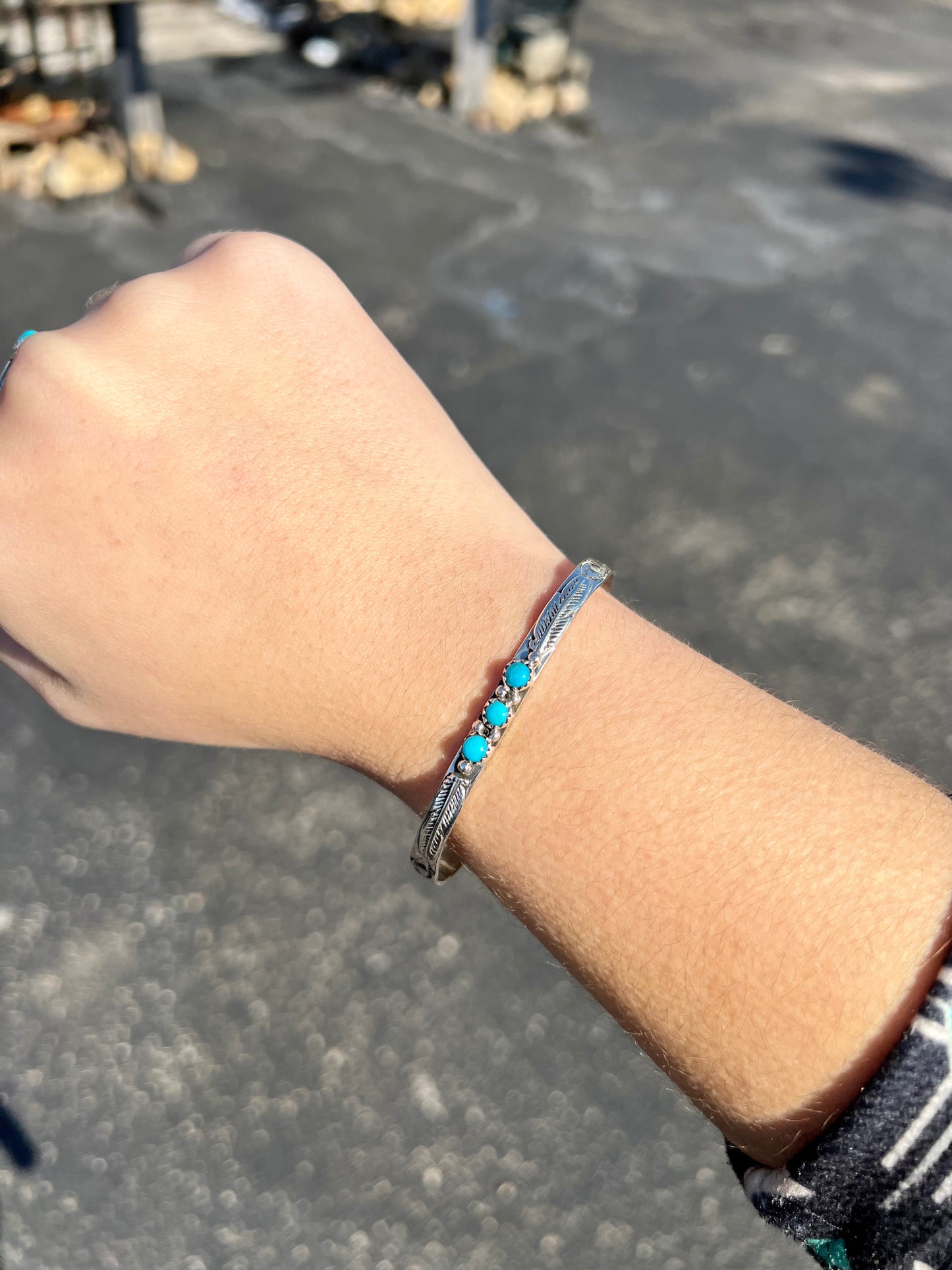 The Trio Genuine Turquoise Sterling Silver Feather Cuff Bracelet