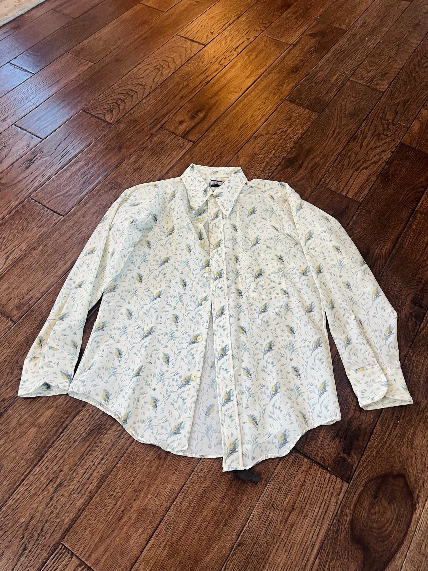 Vintage Mr Dee Cee Blue and Yellow Feather Button Up Shirt