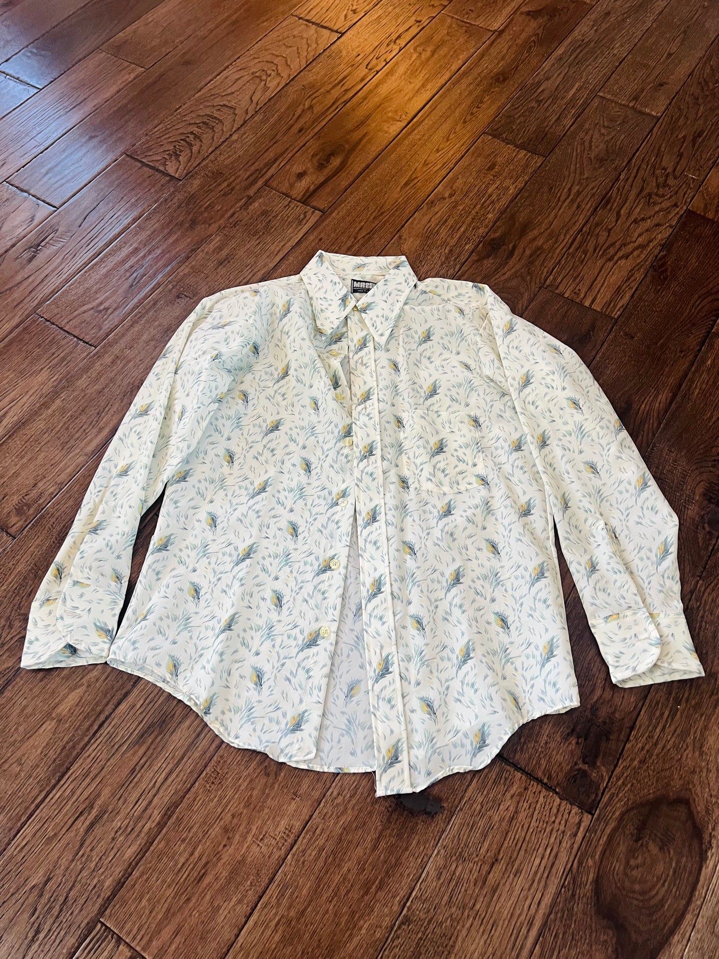 Vintage Mr Dee Cee Blue and Yellow Feather Button Up Shirt