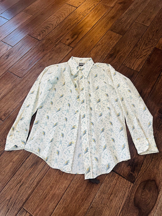 Vintage Mr Dee Cee Blue and Yellow Feather Button Up Shirt