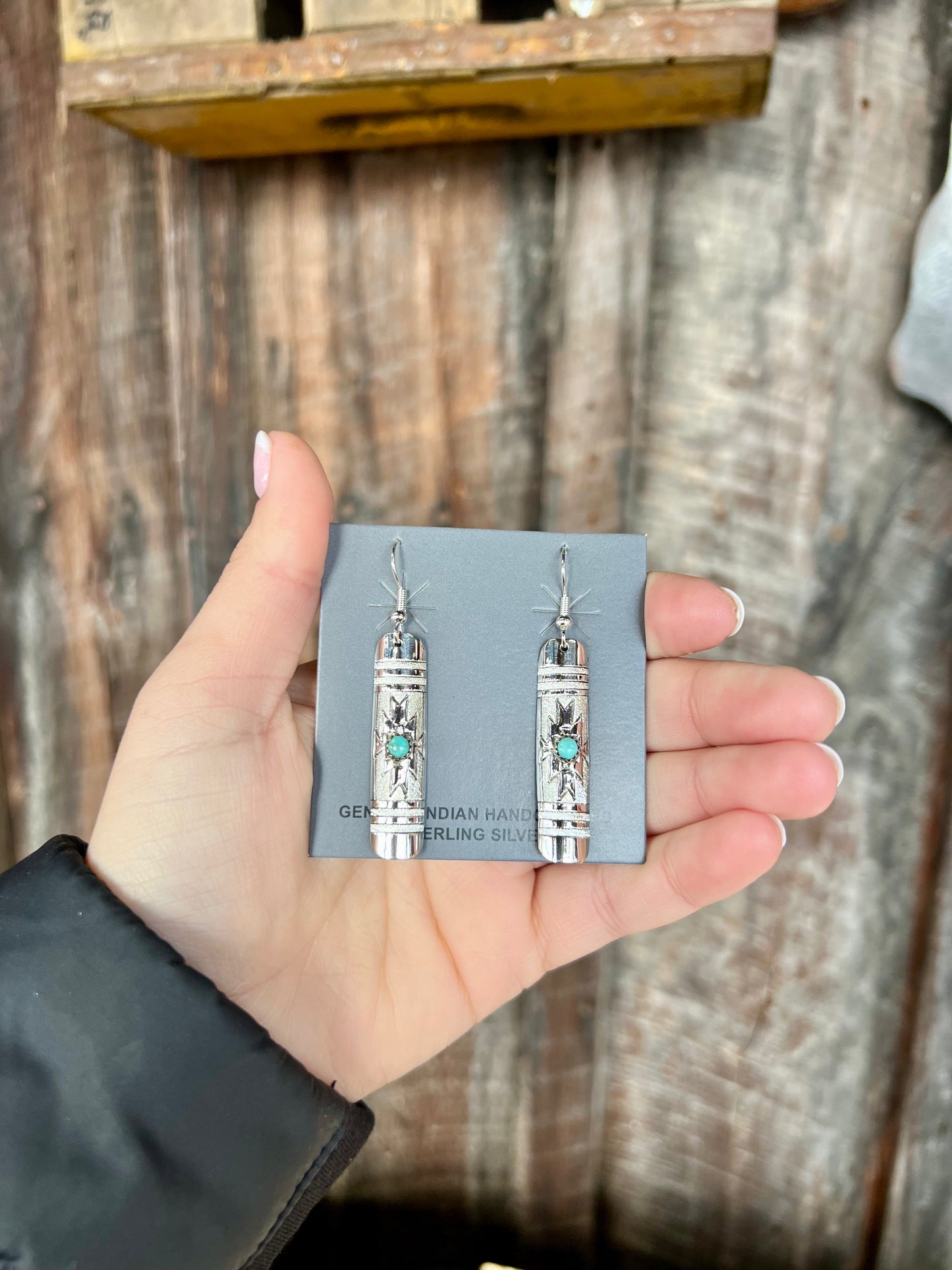 Genuine Turquoise Aztec Stamped Sterling Silver Rectangle Earrings