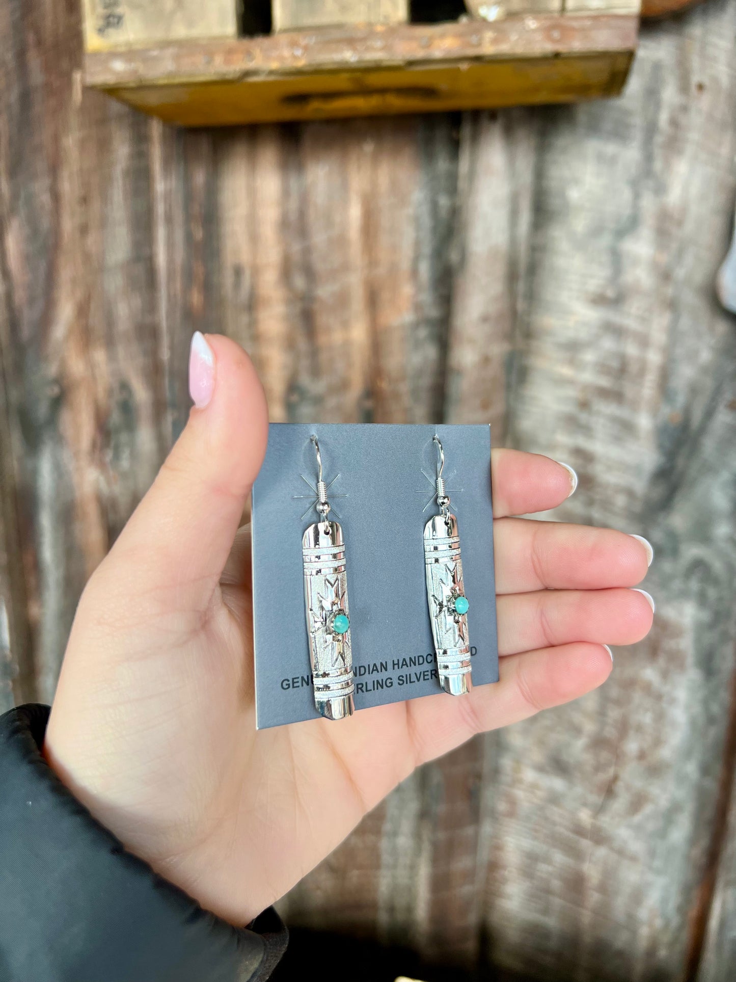 Genuine Turquoise Aztec Stamped Sterling Silver Rectangle Earrings