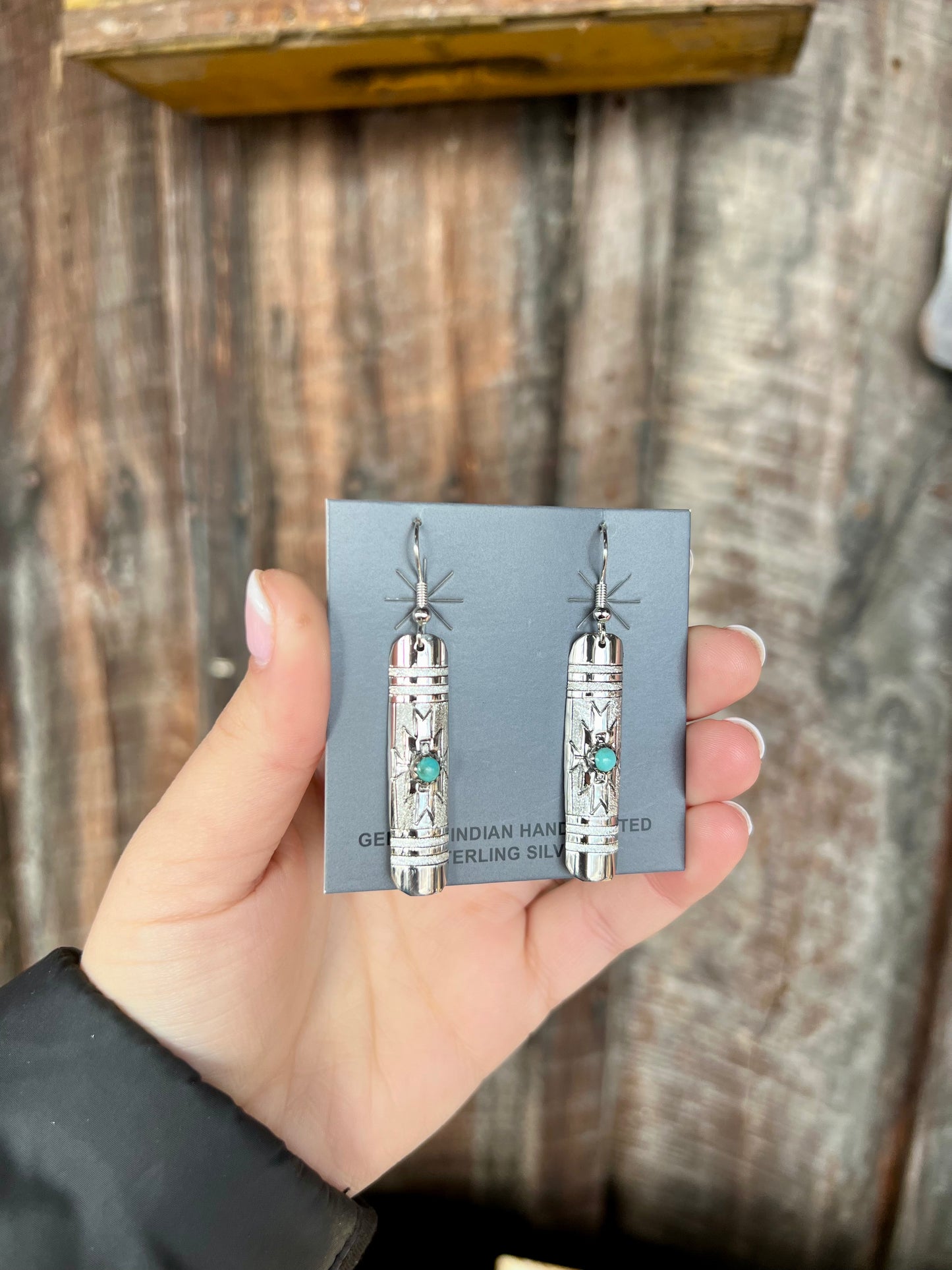 Genuine Turquoise Aztec Stamped Sterling Silver Rectangle Earrings