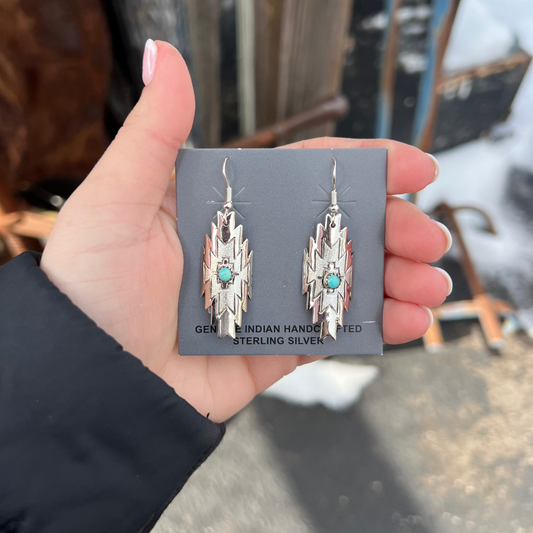 Genuine Kingman Turquoise Aztec Stamped Earrings