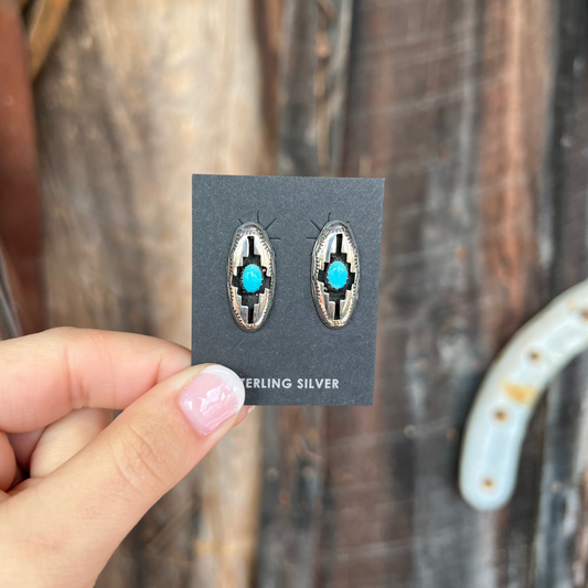 Genuine Turquoise Sterling Silver Aztec Shadowbox Oval Earrings